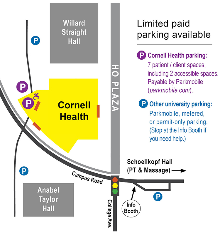 Map of the Cornell Health building at the corner of Campus Road and Ho Plaza, with entrances on Ho Plaza and Campus Road. Paid parking and an accessible entrance is located beneath the building underpass off of Campus road.
