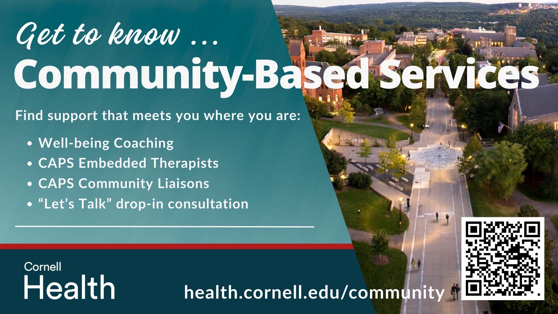Community-based services media screen image pointing to health.cornell.edu/community-based-services 