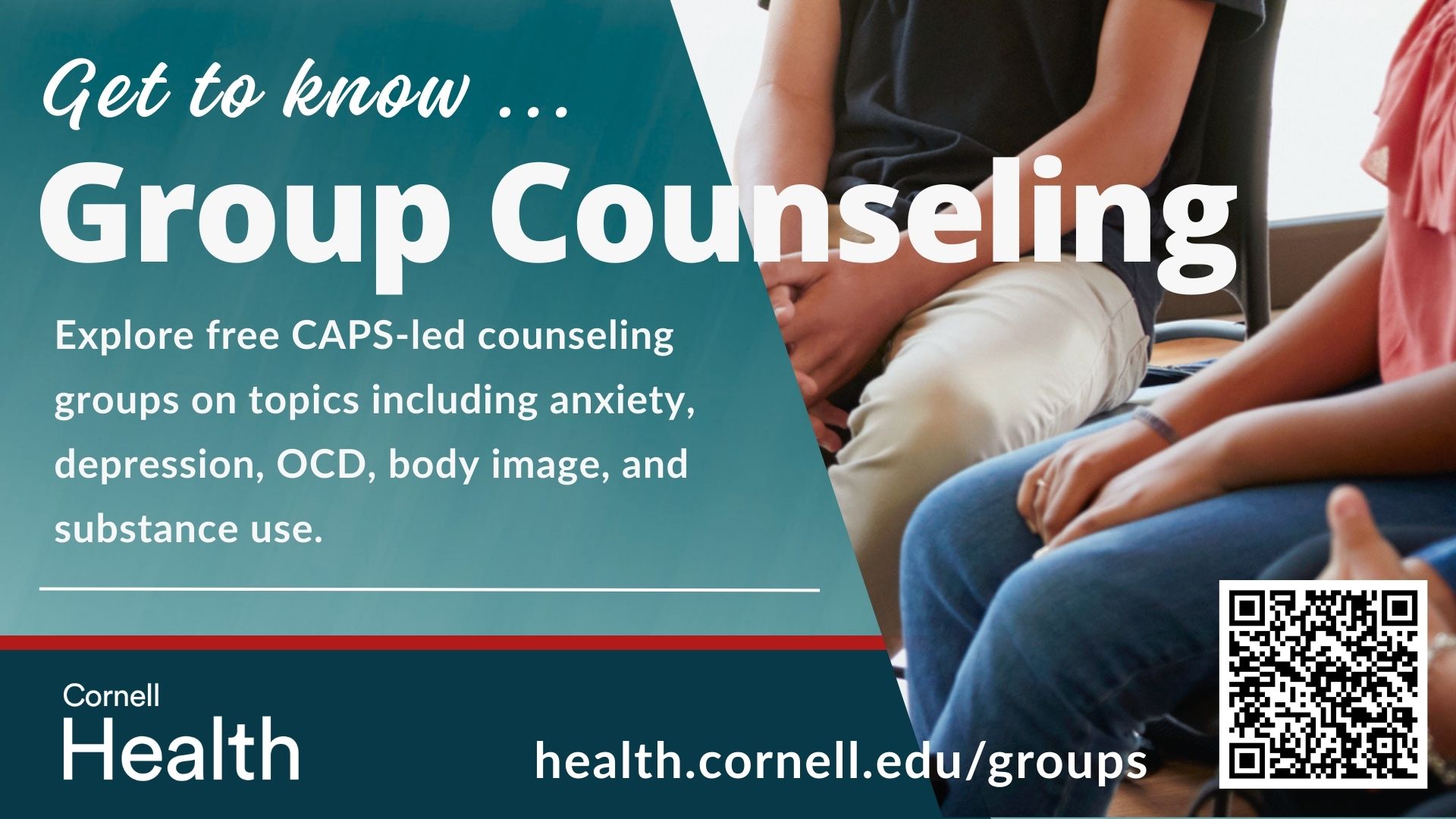 Group counseling media screen image pointing to health.cornell.edu/groups
