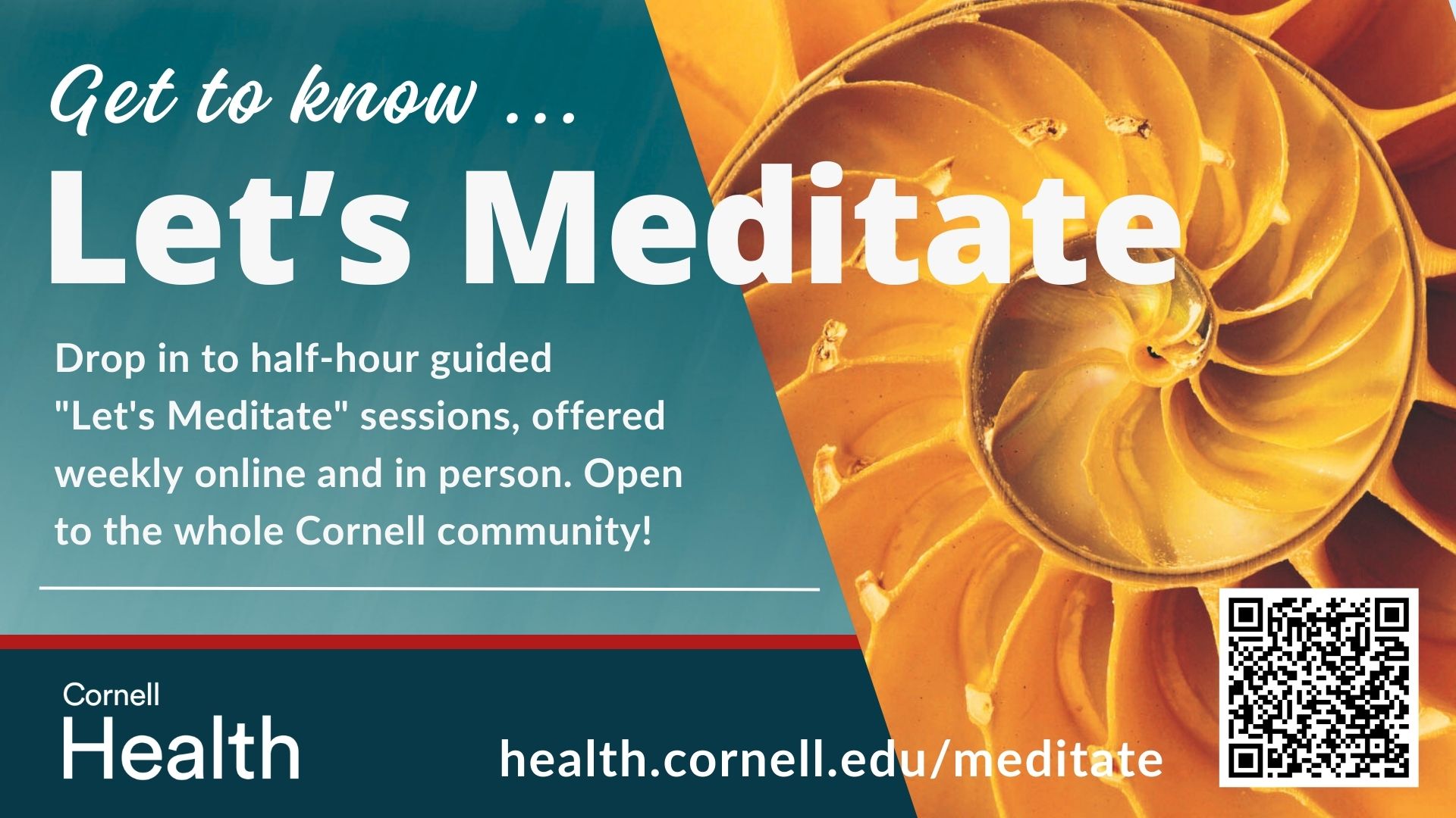 Let's Meditate media screen image pointing to health.cornell.edu/meditate