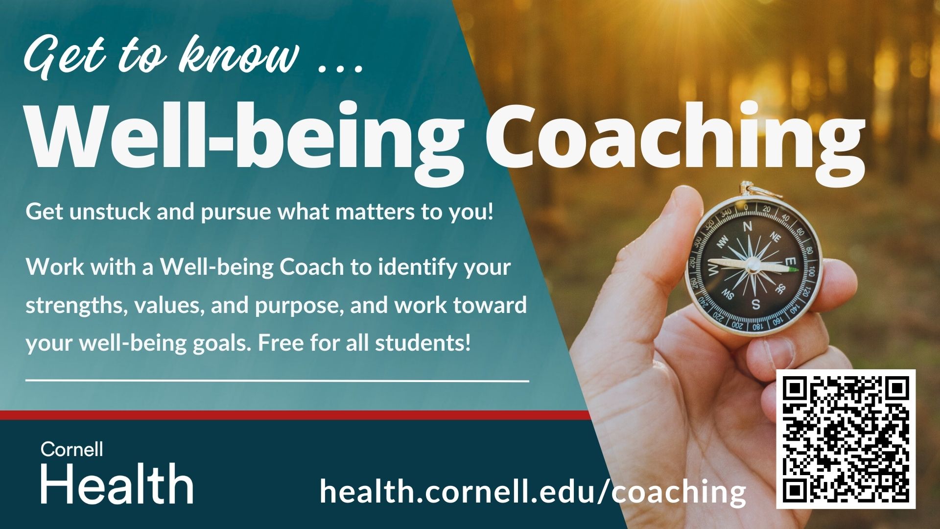 Well-being Coaching media screen image pointing to health.cornell.edu/coaching