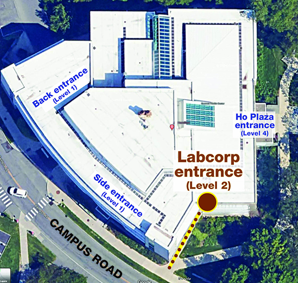 Cornell Health building from above showing location of LabCorp entrance facing Campus Road