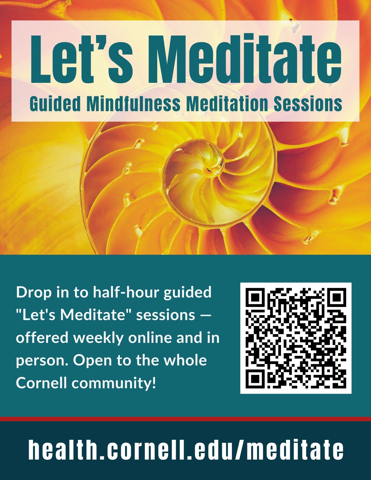 Let's Meditate flyer pointing to health.cornell.edu/meditate