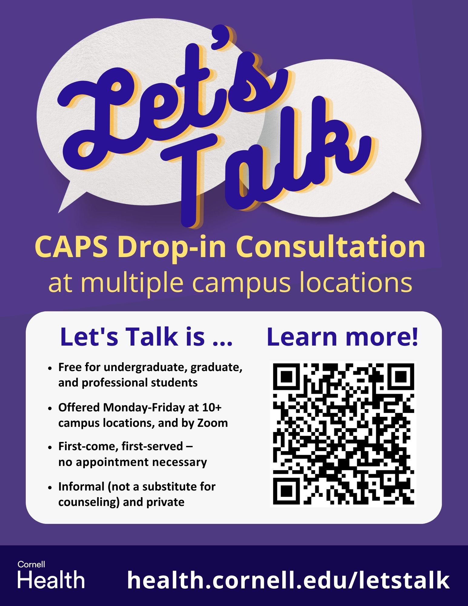 Let's Talk flyer pointing to health.cornell.edu/letstalk