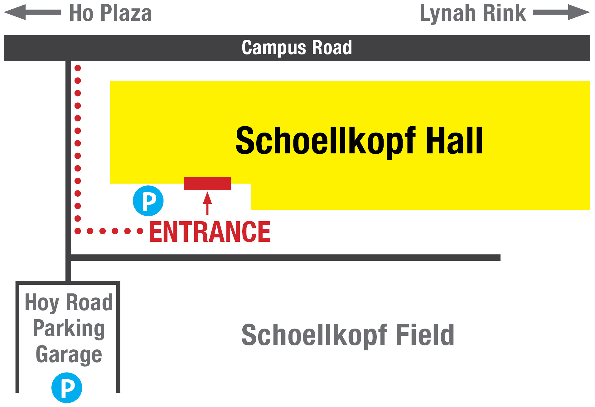 Map of Schoellkopf Hall at 521 Campus Road with entrance at back of building facing parking garage