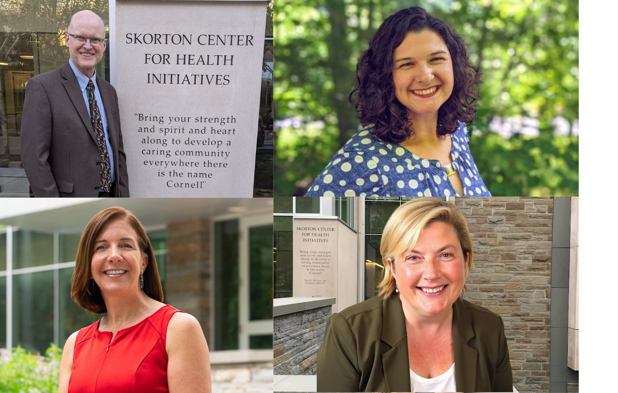 Skorton Center Leadership:  Clockwise from top left: Timothy Marchell '82 (Director: Jul 2015-Oct 2021); Laura Santacrose '08 (Interim Director: Oct 2021-Jan 2022); Julie Edwards (Director Jan 2022-Jul 2024); Jennifer Austin (Director Dec 2024-present)