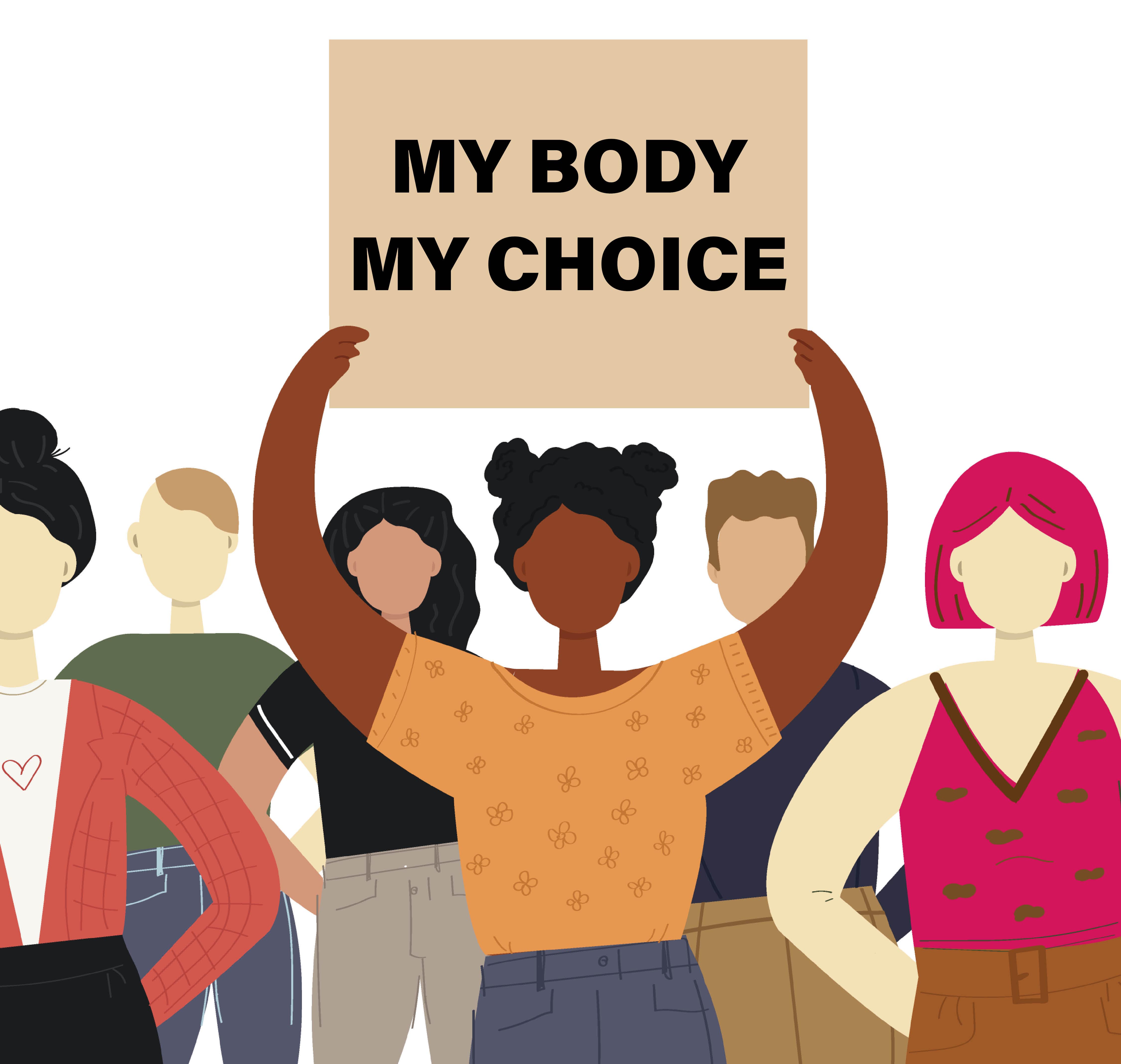 Illustration of diverse group of students, one hold up a sign reading My body, my choice