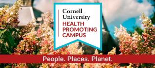 Clock tower with cherry blossoms in foreground. Cornell University, Health Promoting Campus: People, Places, Planet